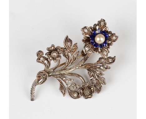 A Continental gold backed and silver set, diamond, cultured pearl and blue enamelled brooch, mid-20th century, designed as a 
