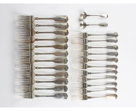A Victorian harlequin canteen of silver Fiddle pattern cutlery, comprising twelve table forks, eleven dessert forks, nine des