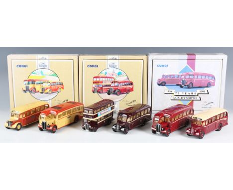 A collection of Corgi The Original Omnibus and Corgi Classics model buses and coaches, various liveries including Southdown, 