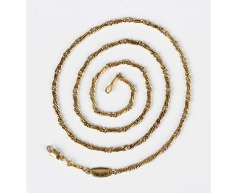An 18ct gold twisted bar and curblink neckchain, fitted with an oval panel, on a sprung hook shaped clasp, weight 23.4g, leng