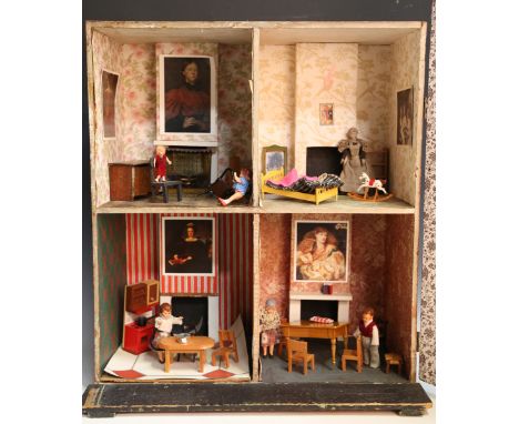 A 19th century Sibler &amp; Fleming type box-back doll's house, the hinged front with a moulded cornice, faux brickwork, wind