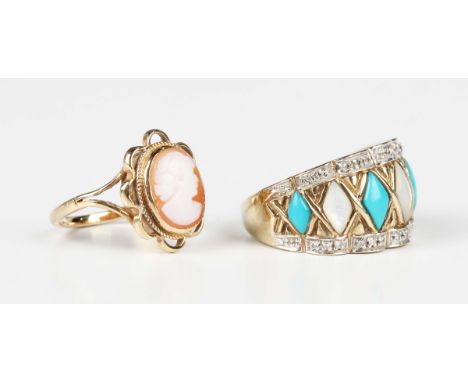 A gold, diamond, turquoise and mother-of-pearl ring, detailed '9k', ring size approx N1/2, and a gold ring, mounted with an o