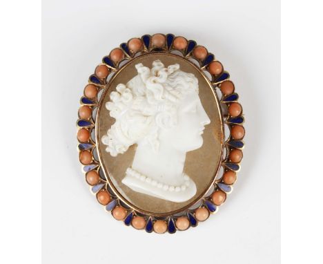 A Victorian gold mounted agate cameo brooch, carved as a portrait of a lady wearing a necklace, the surround mounted with cor
