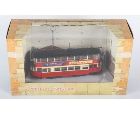 Twenty-two Corgi Original Omnibus OM40501 Feltham trams London Transport with The Morning Post/Whitbreads advertising, all bo