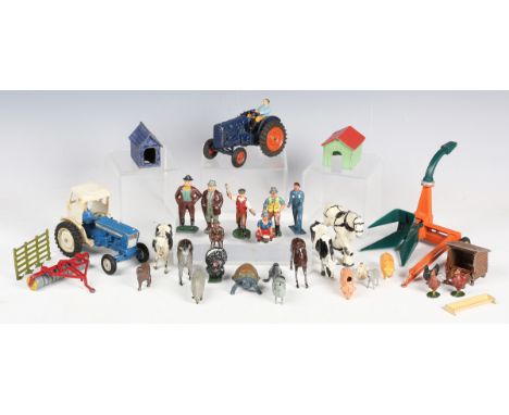 A collection of Britains, Timpo and other lead and plastic farm animals, figures and accessories, including cows, sheep, hors