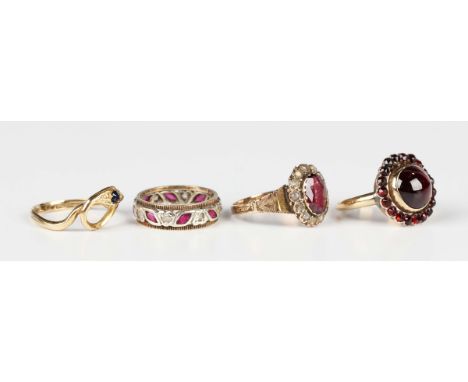 A gold, carbuncle garnet and Bohemian garnet cluster ring, detailed '18ct', weight 4.2g, ring size approx L1/2, a 9ct gold, g