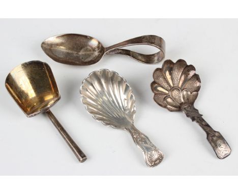 An early Victorian silver Fiddle pattern caddy spoon, the scallop shell bowl with crosshatch engraved decoration, Birmingham 