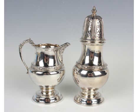 A George VI silver sugar caster and matching cream jug, each of baluster form with Celtic style banded decoration, Birmingham