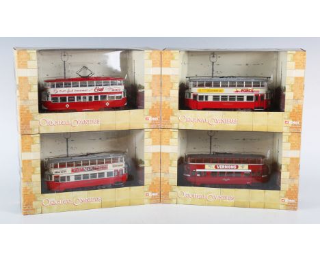 Fifteen Corgi The Original Omnibus Feltham trams, comprising five OM40504, seven OM40505, OM40502, OM40503 and OM40506, all b