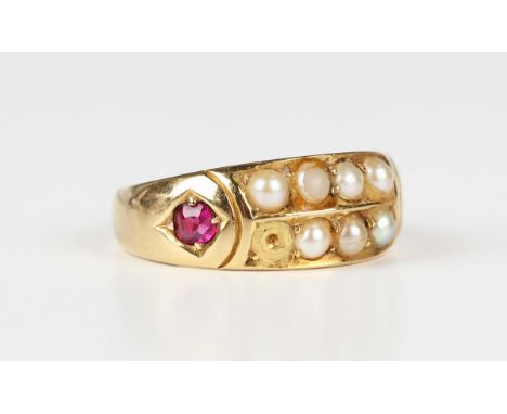 A Victorian 18ct gold, ruby and half-pearl ring, mounted with rows of half-pearls between ruby single stone shoulders, weight