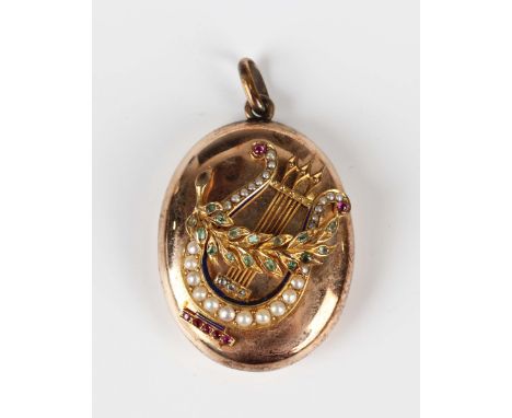 A Victorian gold oval pendant locket, the front with an applied seed pearl, diamond, emerald, cabochon ruby and gem set lyre 