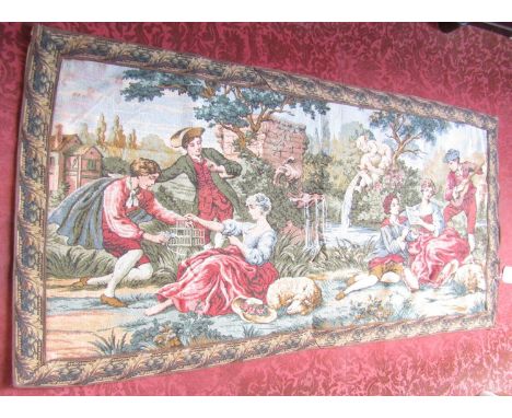 A French 18th century style tapestry hanging of a pastoral scene with figures in the foreground, 150 x 77cm approx. 