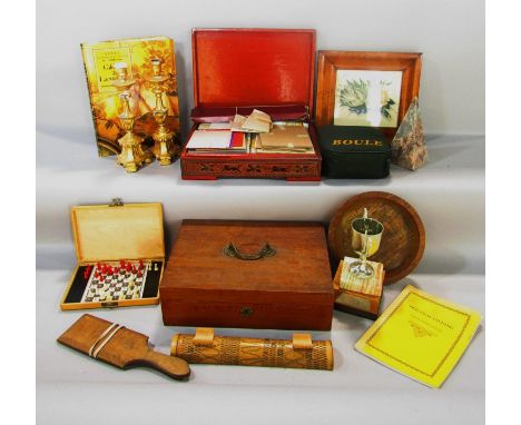 A miscellaneous collection of items including a Burmese lacquered red incised box with gilders equipment inside, a pair of go