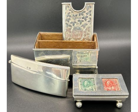 A silver lot of card holders and a stamp box, including a two pack card holder with patience engraved to the face on scrolled