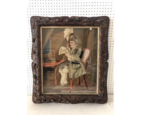 19th Century Tapestry of 'The Politician' after William Hogarth in a wooden frame with leather leaves and flowers applied, fr