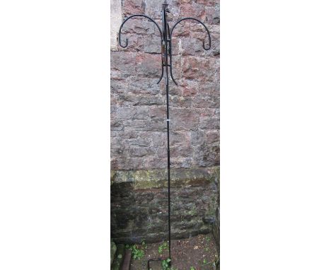 A simple coated ironwork ground stake with hooks suitable for hanging baskets or bird feeders, with spear head finial, 200cm 