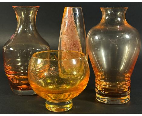 Four Caithness amber glass vases, six similar champagne bowls, two crimped glass dishes, a Dartington 'Le Petit Vase', and a 