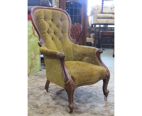 A Victorian mahogany drawing room chair with partial show wood frame, buttoned back finish on cabriole supports, together wit