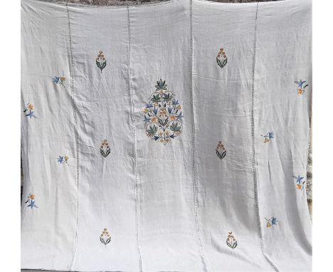 Large vintage textile panel made from 5 vertical sections of natural linen with embroidered floral cluster on central panel a