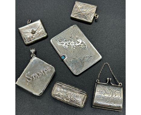 A group of six silver stamp cases in various designs and patterns, together with a sterling silver pill box, total weight 2 o