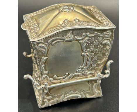 A silver Sedan chair card box including a pair of miniature packs of cards, with stamped J.A.S initials, London, 1899, maker 