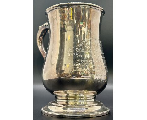 A Victorian baluster shaped tankard with scrolled handle, Awarded by the Chepstow Farmers Club, Sheffield 1878, maker Henry W