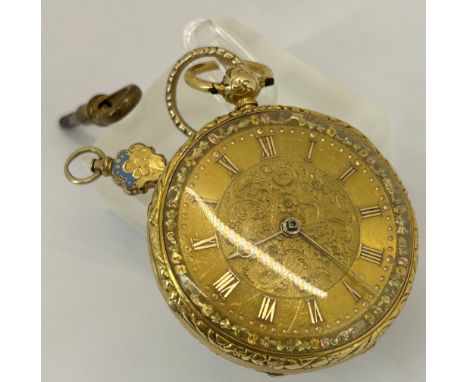 18ct gold gentleman's dress watch with engraved gilt dial and engine turned casework, dated Birmingham 1836 