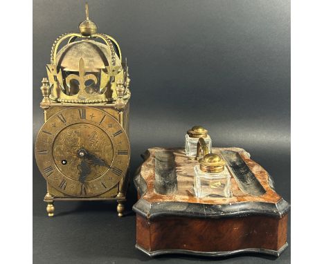 An old English style brass cased lantern clock to commemorate the 1937 coronation together with a Victorian ink stand with se