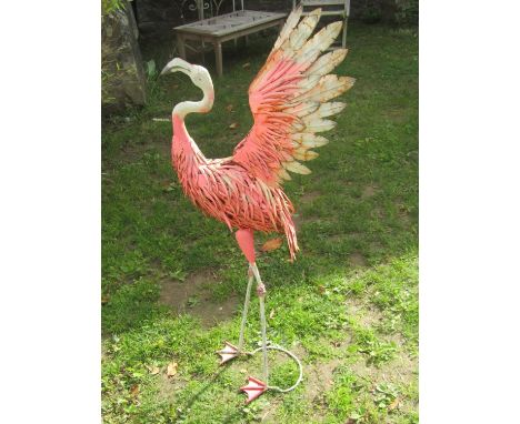 A novelty contemporary pressed light steel garden ornament in the form of a flamingo, 117cm (full height) 