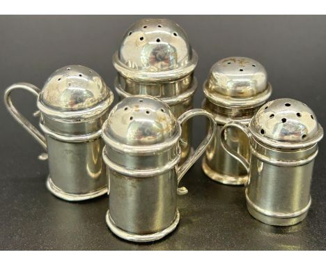 Six miniature Birmingham silver salt and pepper pots in the form of Victorian flour sifters, mixed makers, w 0.7 oz 