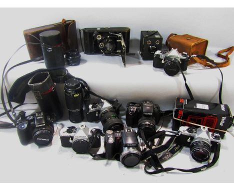 Four NE Super Pentax cameras, a Vivitar flash, an Olympus SP-570UZ camera, a Fuji film 71530 and case and a Fuji film camera 