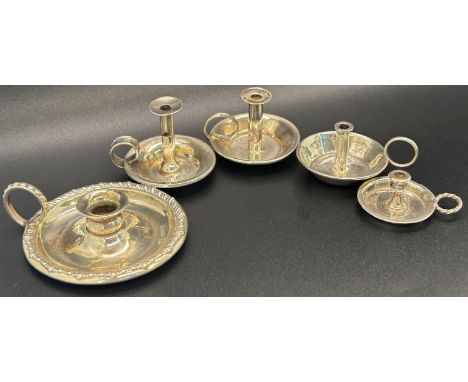 Five silver candle chamber sticks in various styles, mixed makers, weight 1.6 oz 