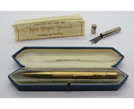 Mabie,Todd &amp; Co. Ltd 18ct Fyne Poynt propelling pencil with engine turned detail, London 1933, 25.6g gross, with case and