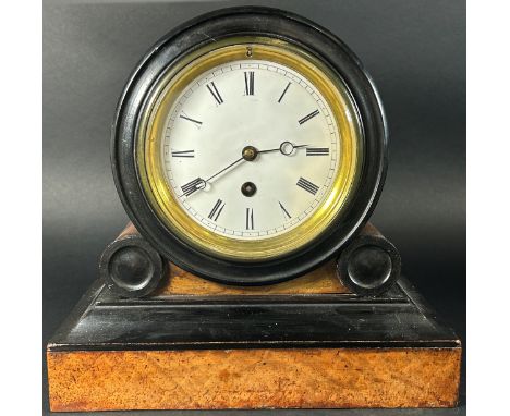 19th century drum head mantle clock in walnut with ebonised mount with eight day time piece, enamelled dial and pendulum, run