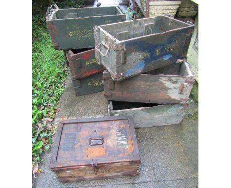 Six old wooden ammunition boxes (AF lack lids) together with a further vintage 'Featherweight' timber egg box, (7) 