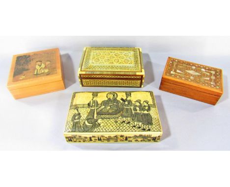 A variety of four cigarette boxes; a Syrian bone and mother-of-pearl; and an ivory effect mogul box; a Japanese lacquered eff