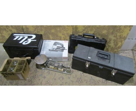 A Dewalt drill and accessories, a Rubi TS-4 tile cutter, an ELU Mortice, an AEG BS PE 100A pendulum jigsaw, two Tuff boxes co