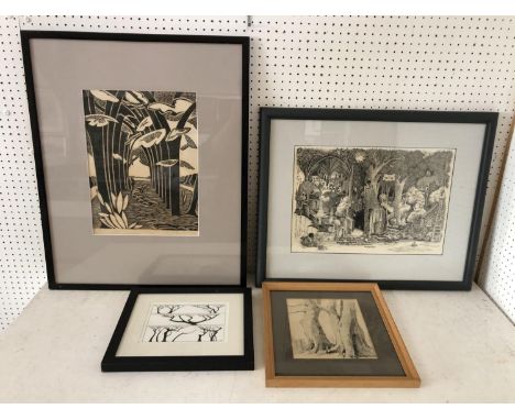 Four Black and White Artworks by Different Artists: Roy Hewish (b.1929) - Ink study of trees, signed and dated lower right; B