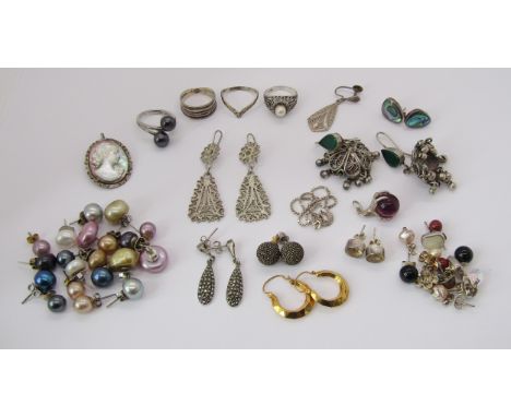 Collection of silver and white metal jewellery, mainly earrings, to include pearl studs, drops, pair of 9ct creole hoops, plu