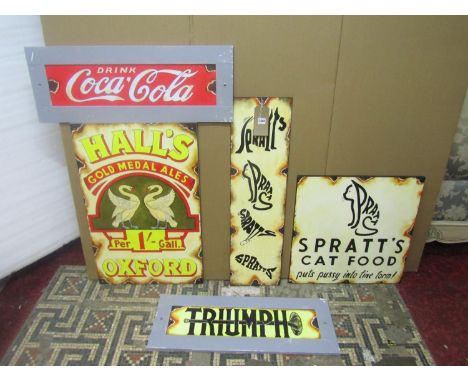 A group of five decorative replica advertising signs, after the enamel originals to include Hall's Gold Medal Ales, Spratts, 