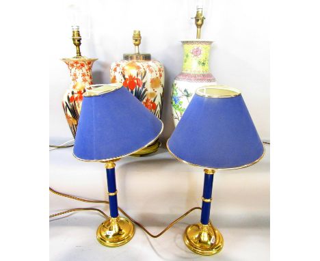 A pair of crackle glazed Japanes satsuma type floral lamps, a pair of brass blue candlestick lamps and a Famille Rose vase la