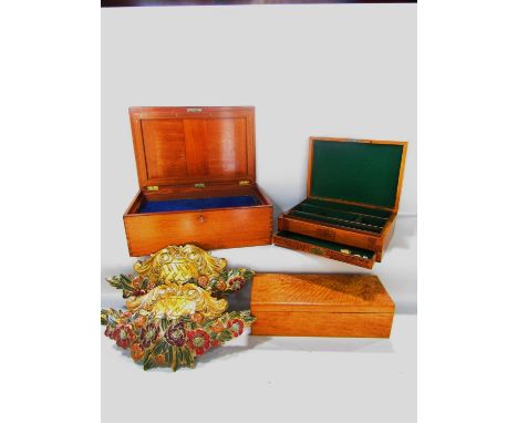 A satin wood oblong glove box with a blue velvet lining, a plain mahogany box, hinged lid with a single tray to the interior,