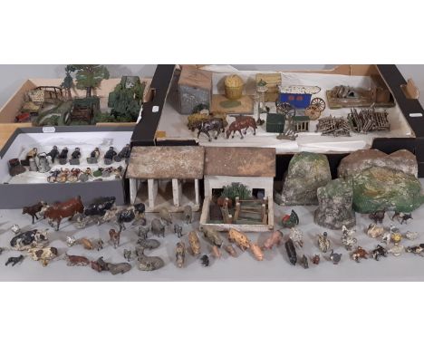 Large collection of Britains 1930's farm models comprising character figures, hedging, fencing, trees, dovecot, wheat sheaves