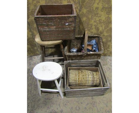 A good large vintage wicker delivery basket, two shop stools, further timber crates, etc 