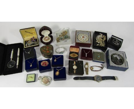 Mixed vintage and contemporary costume jewellery to include a Beuchat quartz watch 
