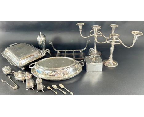 A good selection of better quality silver plated tableware, including a pair of Regency style candle sticks with three sconce