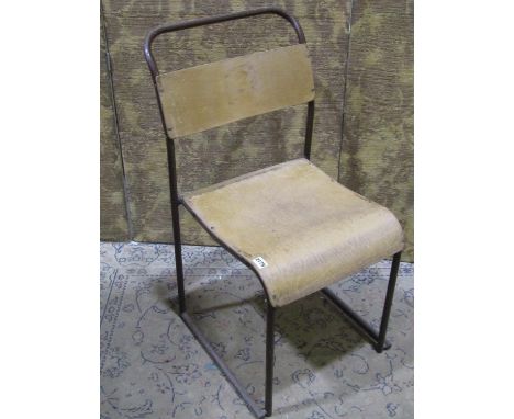 Thirteen vintage stacking chairs with tubular frames and moulded plywood seats and backs 