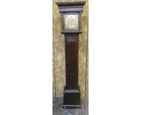 18th century oak longcase clock the trunk with full length door and lenticel, the hood with column supports, enclosing a 23cm