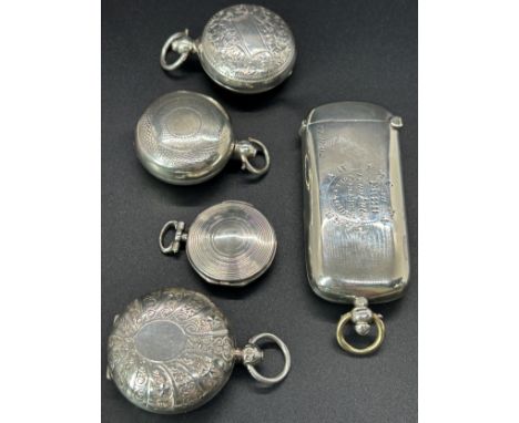 A group of silver sovereign cases in various designs and patterns, including a gentleman's rectangular sovereign and vesta ca