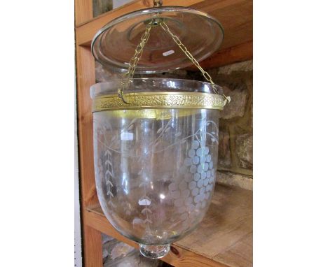 A hanging cloche lantern with grape and vine etching, with a smoke cover, 40cm high 
